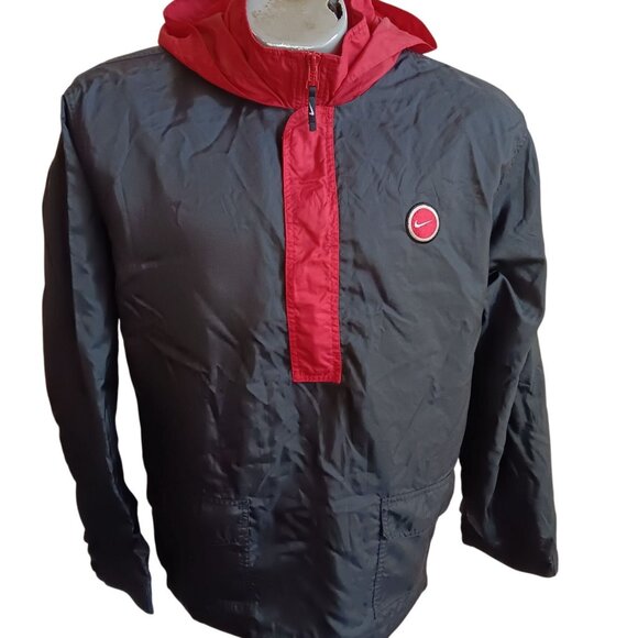 Nike Mens Vtg Windbreaker Jacket 1/2 Zip Small 1990's Black & Red Hooded Swoosh - Picture 1 of 6